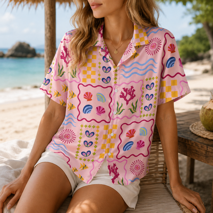 HW-M082-Pink Retro Ocean Seashell Coral Patchwork Graphic Print Button Down Summer Hawaiian Camp Shirt