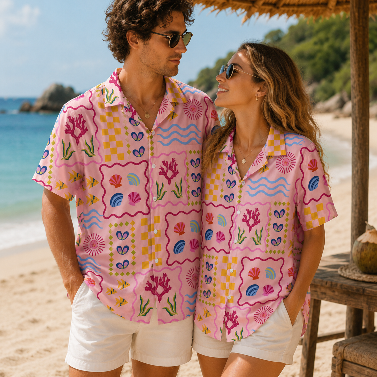 HW-M082-Pink Retro Ocean Seashell Coral Patchwork Graphic Print Button Down Summer Hawaiian Camp Shirt