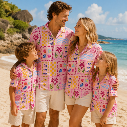 HW-M082-Pink Retro Ocean Seashell Coral Patchwork Graphic Print Button Down Summer Hawaiian Camp Shirt
