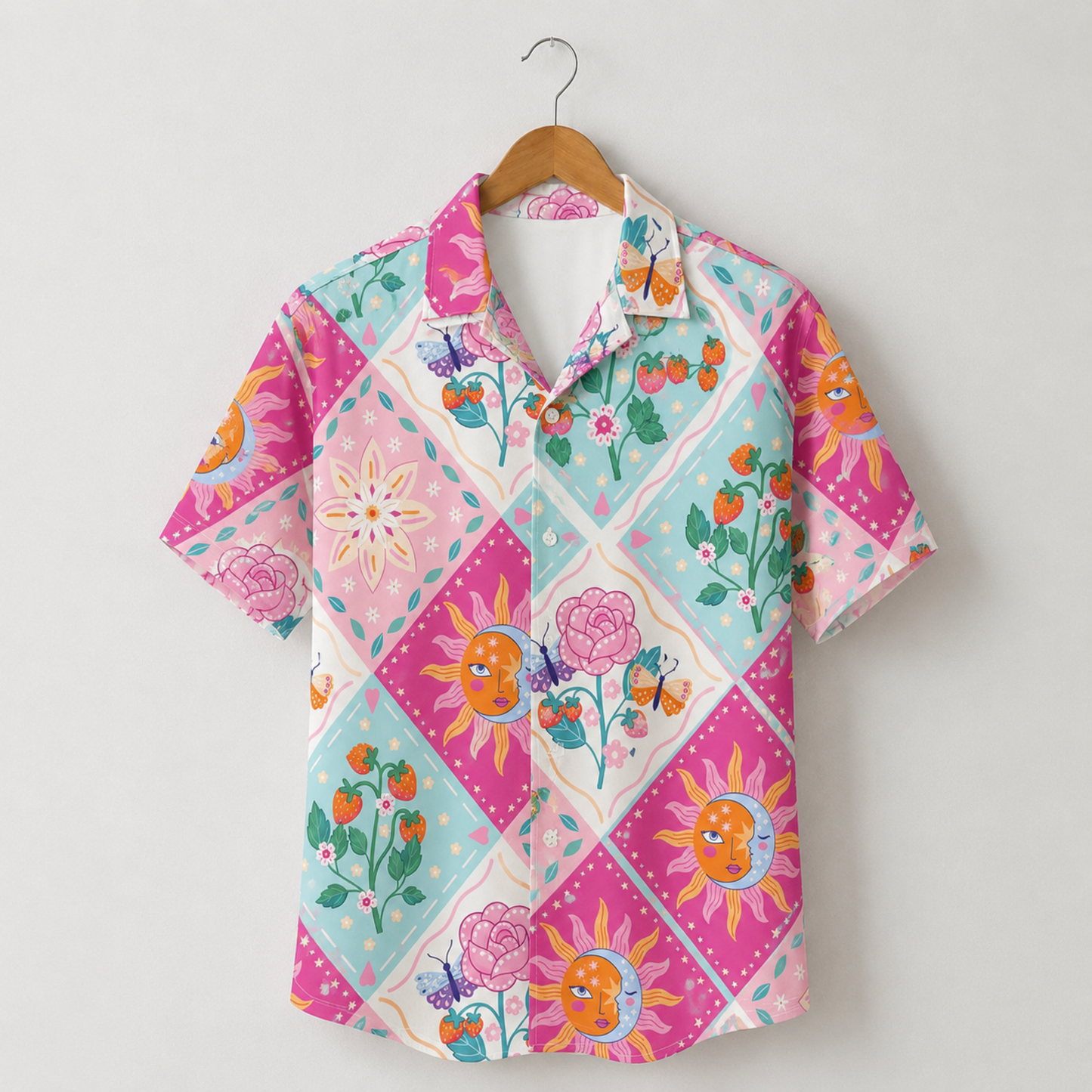 HW-M083-Pink Diamond Grid Mystical Sun Rose Strawberry Graphic Button Festival Aesthetic Unisex Hawaiian Shirt