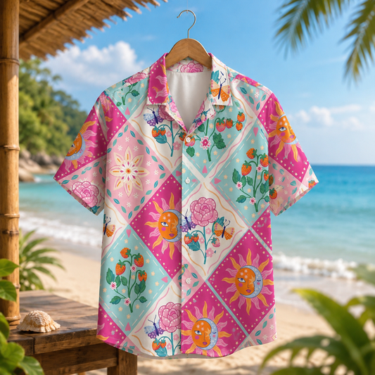 HW-M083-Pink Diamond Grid Mystical Sun Rose Strawberry Graphic Button Festival Aesthetic Unisex Hawaiian Shirt