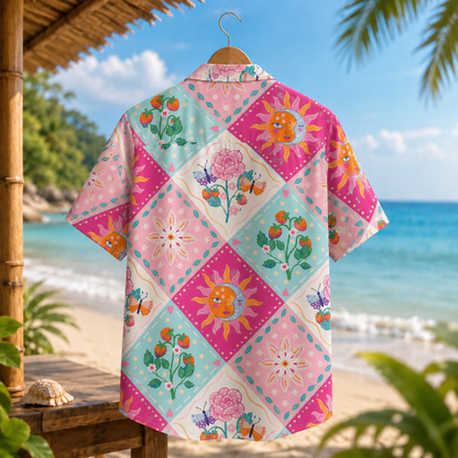 HW-M083-Pink Diamond Grid Mystical Sun Rose Strawberry Graphic Button Festival Aesthetic Unisex Hawaiian Shirt