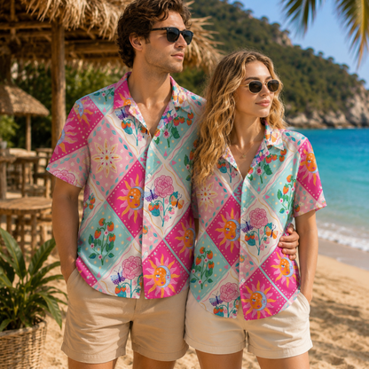 HW-M083-Pink Diamond Grid Mystical Sun Rose Strawberry Graphic Button Festival Aesthetic Unisex Hawaiian Shirt