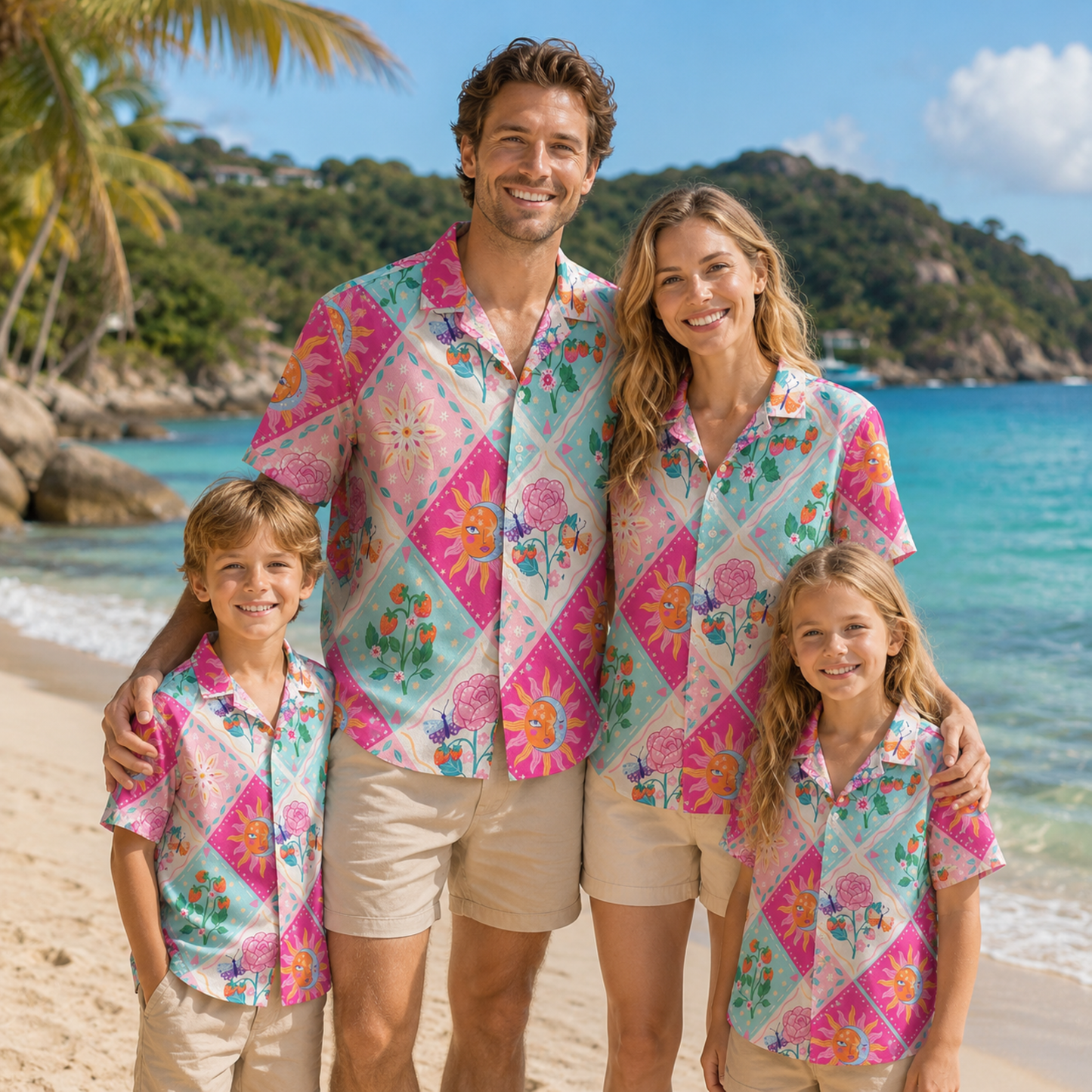 HW-M083-Pink Diamond Grid Mystical Sun Rose Strawberry Graphic Button Festival Aesthetic Unisex Hawaiian Shirt
