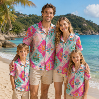 HW-M083-Pink Diamond Grid Mystical Sun Rose Strawberry Graphic Button Festival Aesthetic Unisex Hawaiian Shirt