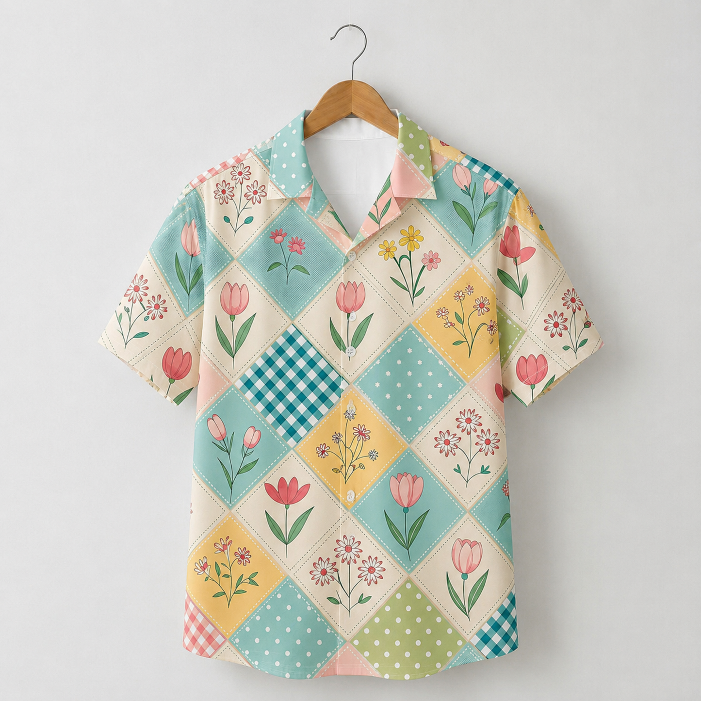 HW-M084-Pastel Floral Patchwork Hawaiian Shirt Vintage Quilt Aesthetic Button Down Top For Summer Vacation