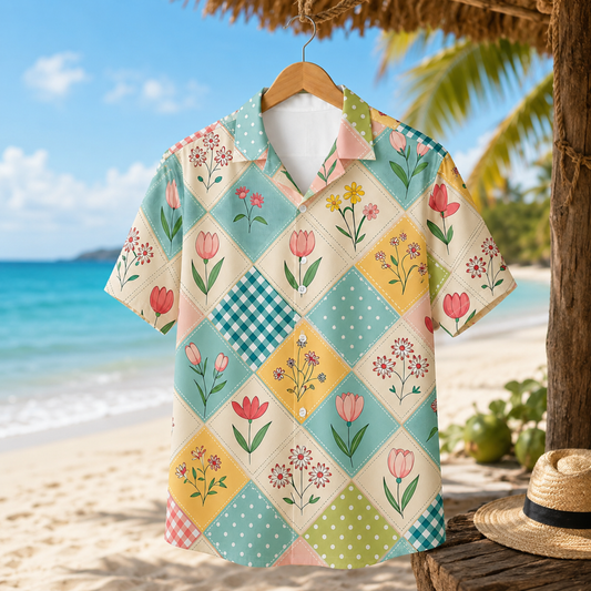 HW-M084-Pastel Floral Patchwork Hawaiian Shirt Vintage Quilt Aesthetic Button Down Top For Summer Vacation