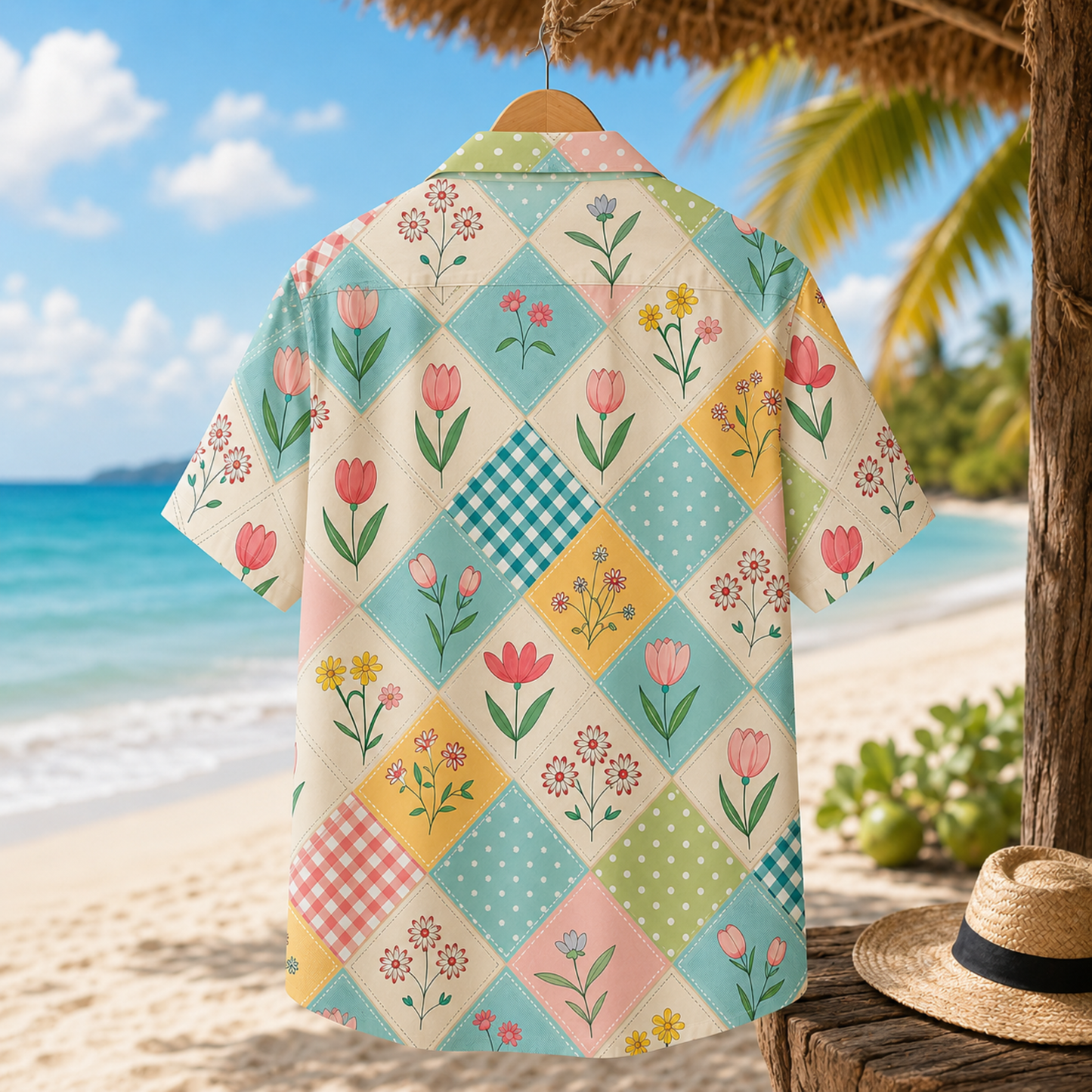 HW-M084-Pastel Floral Patchwork Hawaiian Shirt Vintage Quilt Aesthetic Button Down Top For Summer Vacation
