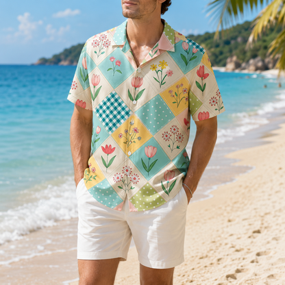 HW-M084-Pastel Floral Patchwork Hawaiian Shirt Vintage Quilt Aesthetic Button Down Top For Summer Vacation