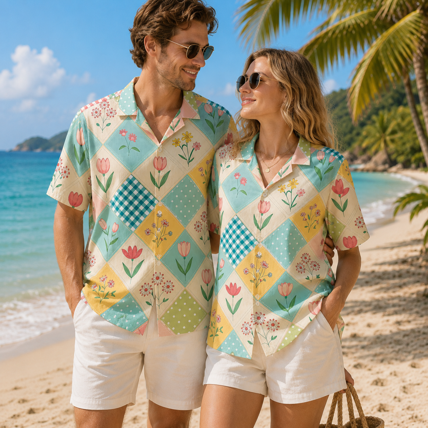 HW-M084-Pastel Floral Patchwork Hawaiian Shirt Vintage Quilt Aesthetic Button Down Top For Summer Vacation