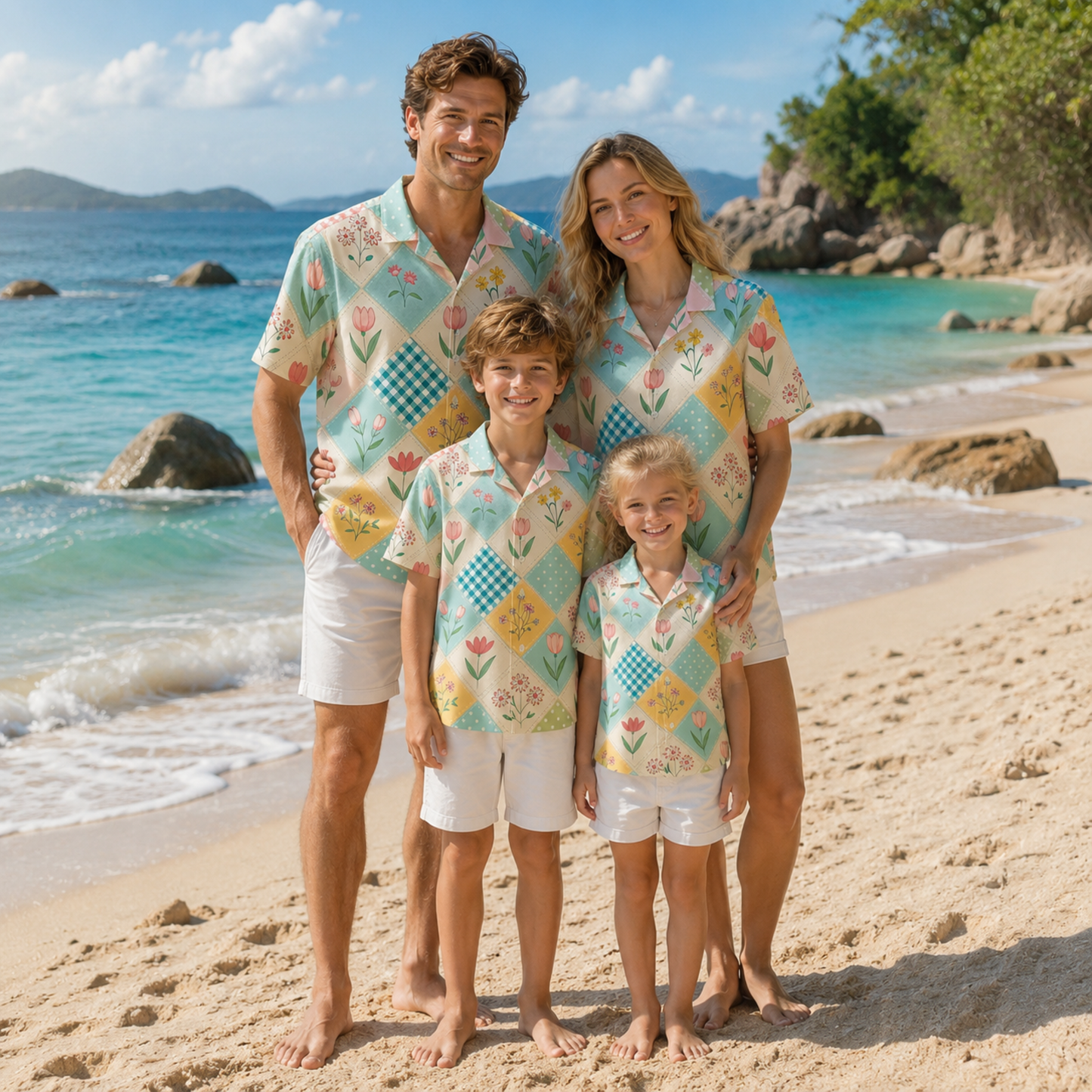HW-M084-Pastel Floral Patchwork Hawaiian Shirt Vintage Quilt Aesthetic Button Down Top For Summer Vacation
