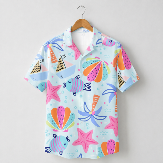 HW-M085-Colorful Cartoon Fish Seashell Palm Tree Graphic Print Holiday Resort Wear Unisex Hawaiian Shirt