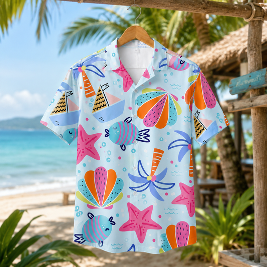 HW-M085-Colorful Cartoon Fish Seashell Palm Tree Graphic Print Holiday Resort Wear Unisex Hawaiian Shirt