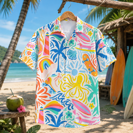 HW-M086-Playful Rainbow Octopus Surfing Dog Graphic Novelty Print White Vacation Unisex Hawaiian Camp Shirt