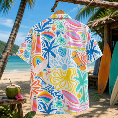 HW-M086-Playful Rainbow Octopus Surfing Dog Graphic Novelty Print White Vacation Unisex Hawaiian Camp Shirt
