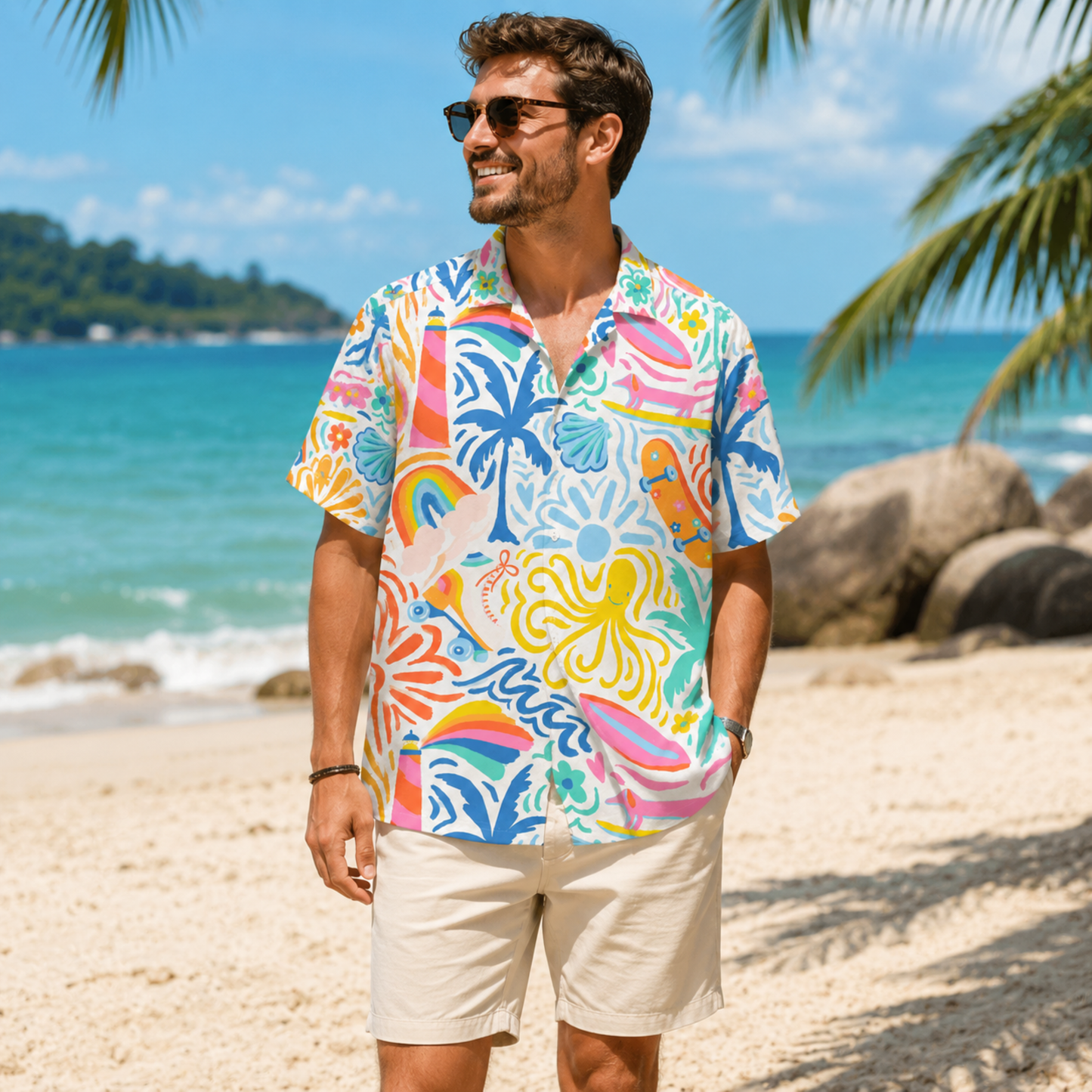 HW-M086-Playful Rainbow Octopus Surfing Dog Graphic Novelty Print White Vacation Unisex Hawaiian Camp Shirt
