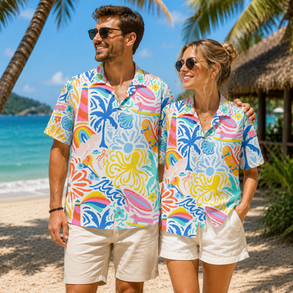 HW-M086-Playful Rainbow Octopus Surfing Dog Graphic Novelty Print White Vacation Unisex Hawaiian Camp Shirt