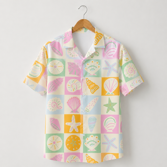 HW-M088-Colorful Coastal Seashell Grid Motif Soft Pastel Button Front Aesthetic Summer Casual Hawaiian Shirt