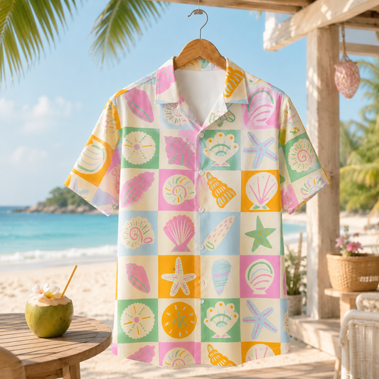 HW-M088-Colorful Coastal Seashell Grid Motif Soft Pastel Button Front Aesthetic Summer Casual Hawaiian Shirt