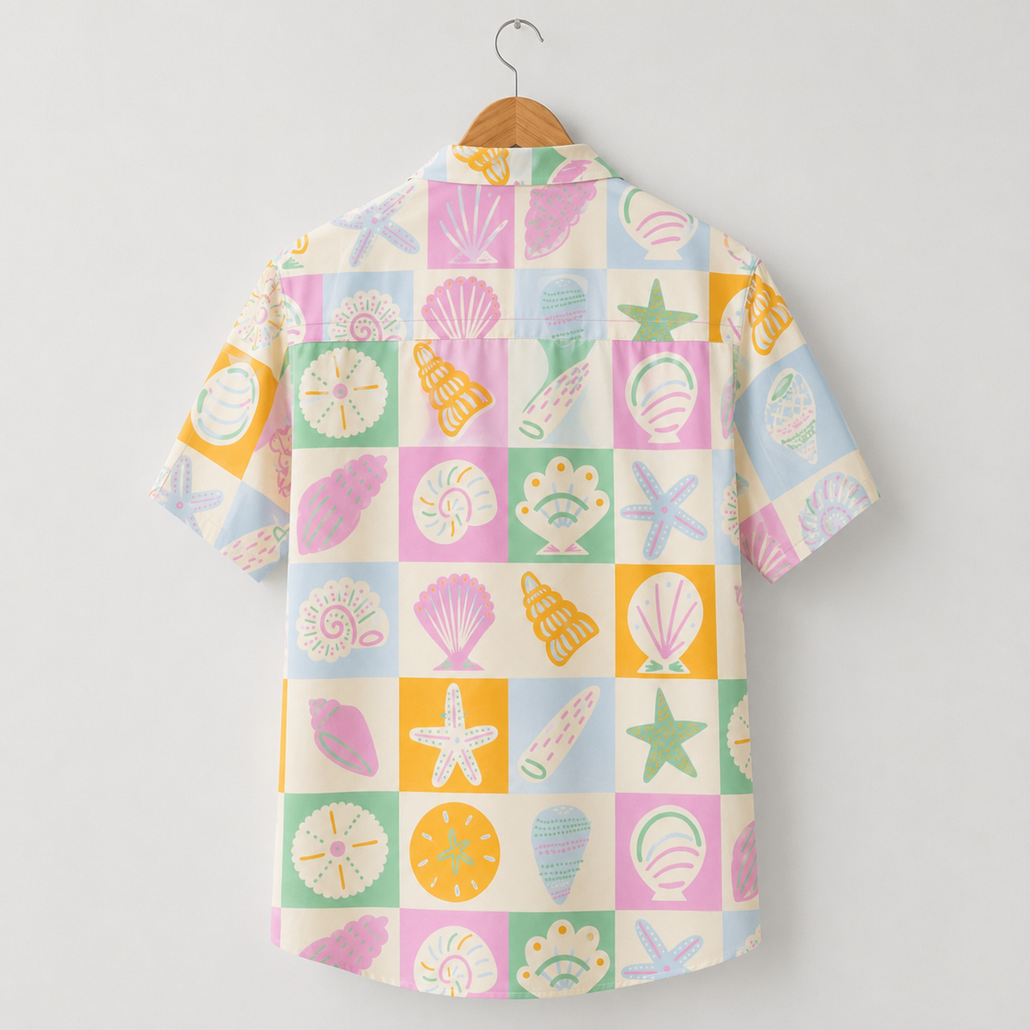 HW-M088-Colorful Coastal Seashell Grid Motif Soft Pastel Button Front Aesthetic Summer Casual Hawaiian Shirt