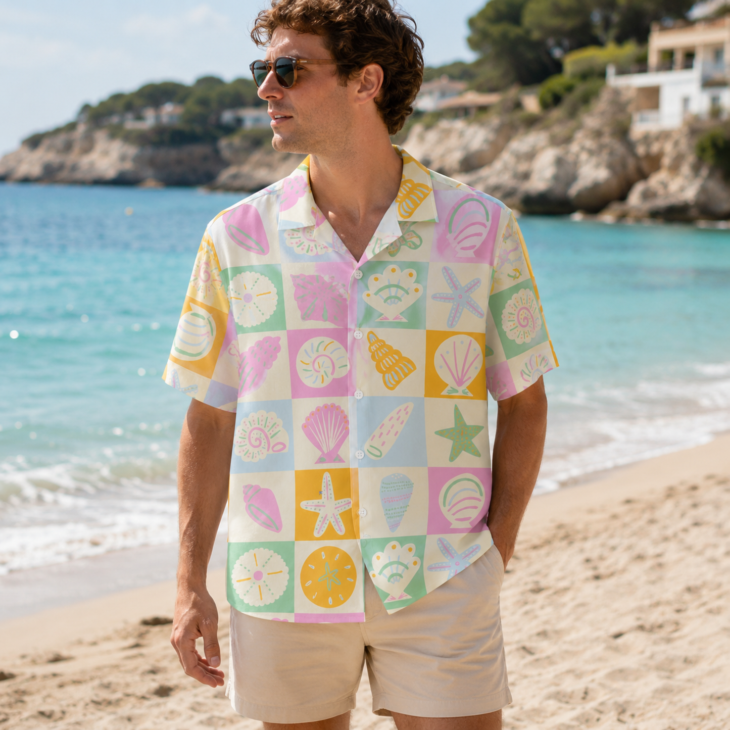 HW-M088-Colorful Coastal Seashell Grid Motif Soft Pastel Button Front Aesthetic Summer Casual Hawaiian Shirt