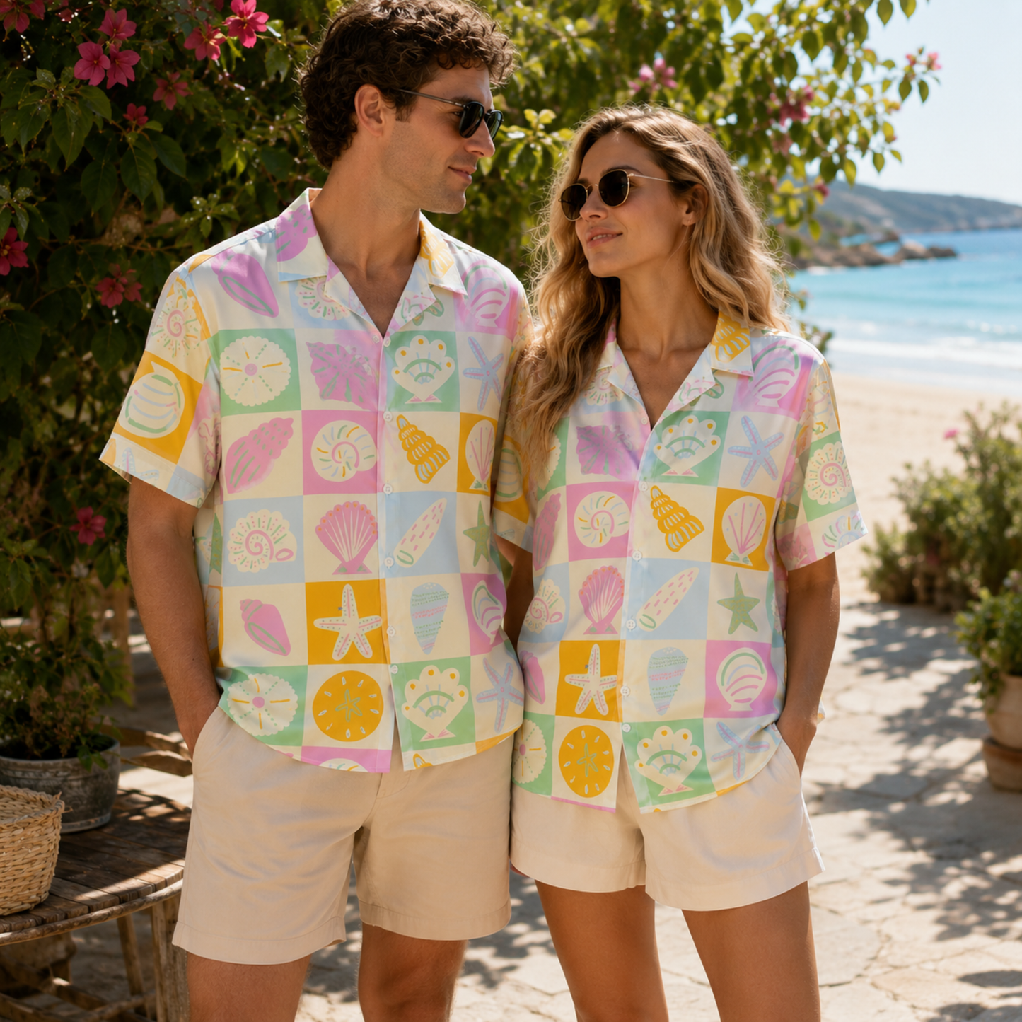 HW-M088-Colorful Coastal Seashell Grid Motif Soft Pastel Button Front Aesthetic Summer Casual Hawaiian Shirt