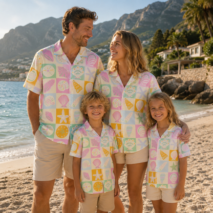 HW-M088-Colorful Coastal Seashell Grid Motif Soft Pastel Button Front Aesthetic Summer Casual Hawaiian Shirt