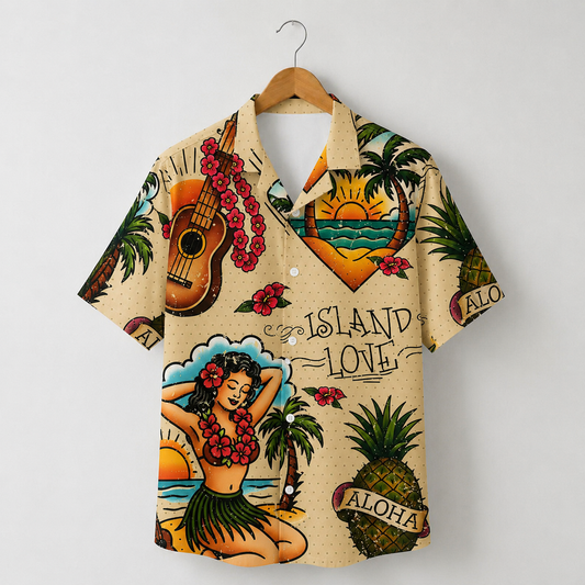 HW-M090-Vintage Tattoo Art Hula Girl Pineapple Island Love Graphic Summer Casual Hawaiian Camp Shirt