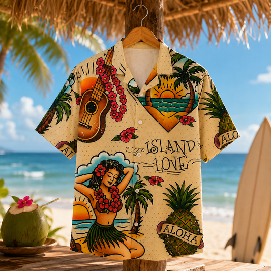 HW-M090-Vintage Tattoo Art Hula Girl Pineapple Island Love Graphic Summer Casual Hawaiian Camp Shirt