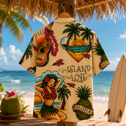 HW-M090-Vintage Tattoo Art Hula Girl Pineapple Island Love Graphic Summer Casual Hawaiian Camp Shirt