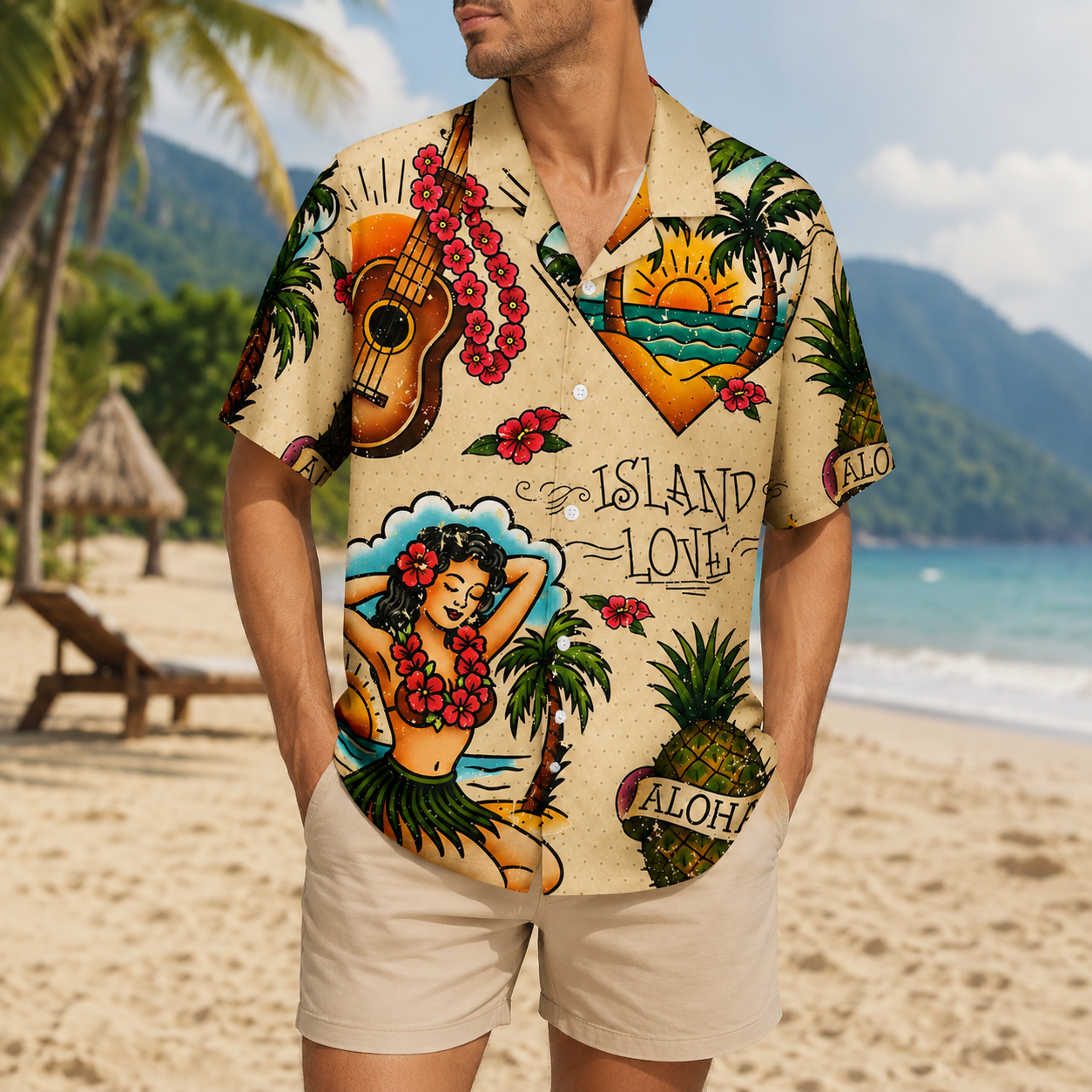 HW-M090-Vintage Tattoo Art Hula Girl Pineapple Island Love Graphic Summer Casual Hawaiian Camp Shirt