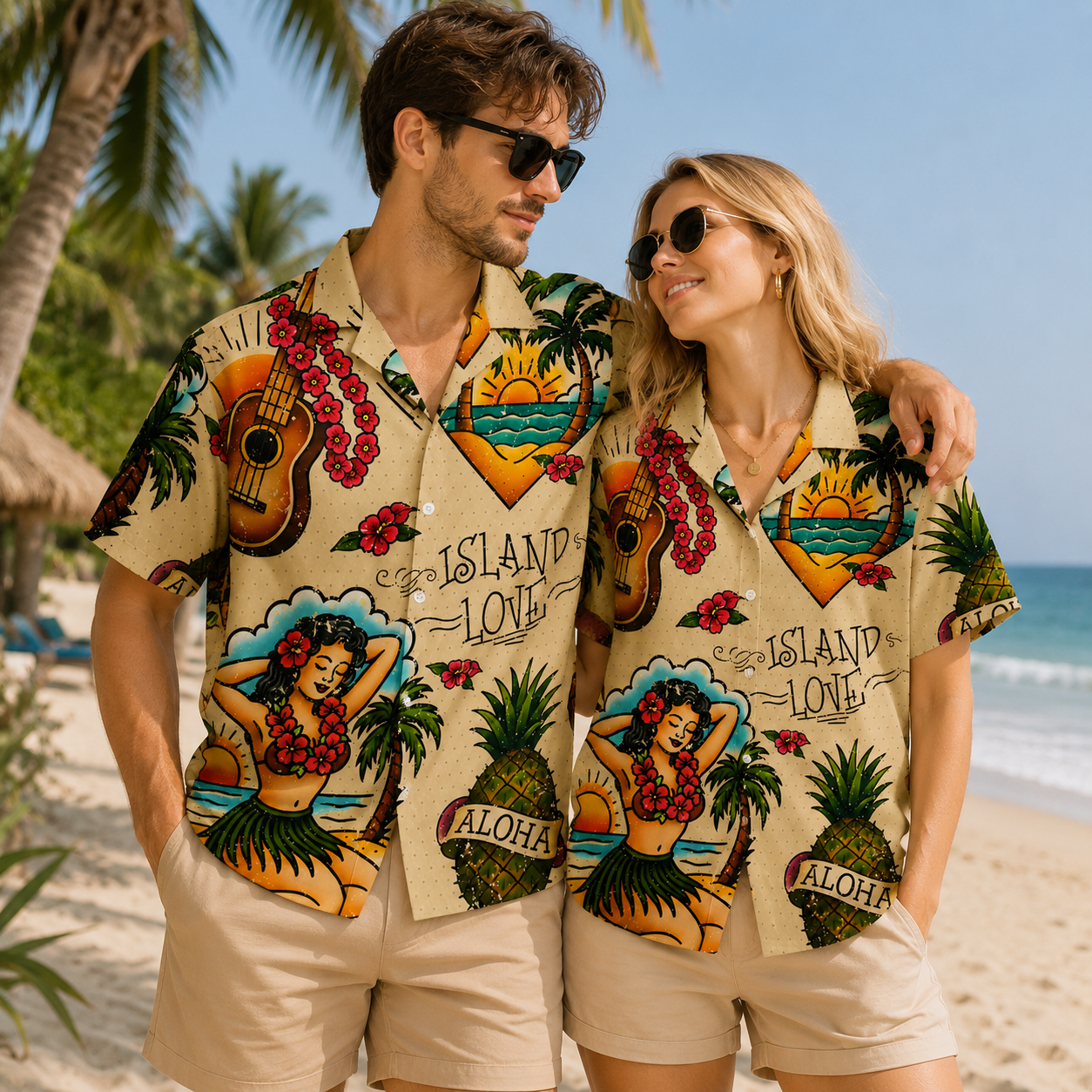 HW-M090-Vintage Tattoo Art Hula Girl Pineapple Island Love Graphic Summer Casual Hawaiian Camp Shirt