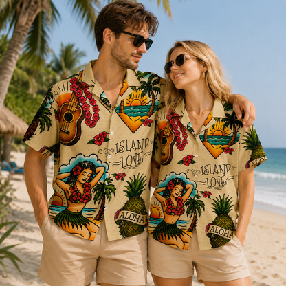 HW-M090-Vintage Tattoo Art Hula Girl Pineapple Island Love Graphic Summer Casual Hawaiian Camp Shirt