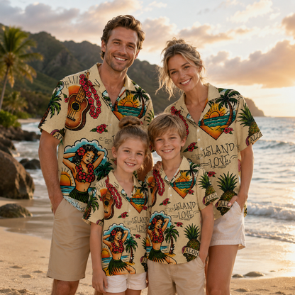 HW-M090-Vintage Tattoo Art Hula Girl Pineapple Island Love Graphic Summer Casual Hawaiian Camp Shirt