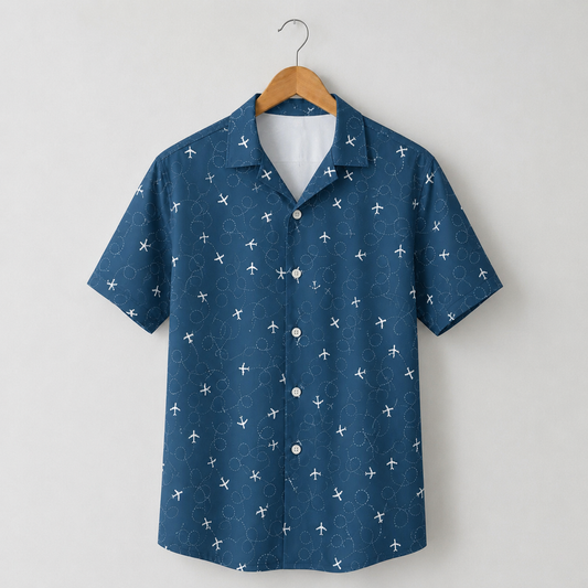 HW-M091-Minimalist Navy Airplane Travel Motif Button Down Holiday Vacation Flight Theme Unisex Hawaiian Shirt