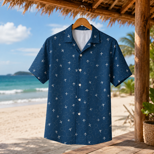 HW-M091-Minimalist Navy Airplane Travel Motif Button Down Holiday Vacation Flight Theme Unisex Hawaiian Shirt