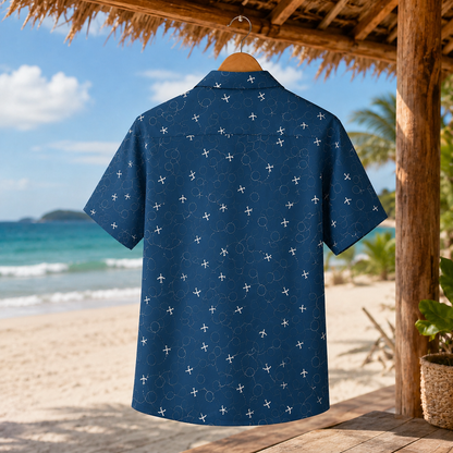 HW-M091-Minimalist Navy Airplane Travel Motif Button Down Holiday Vacation Flight Theme Unisex Hawaiian Shirt