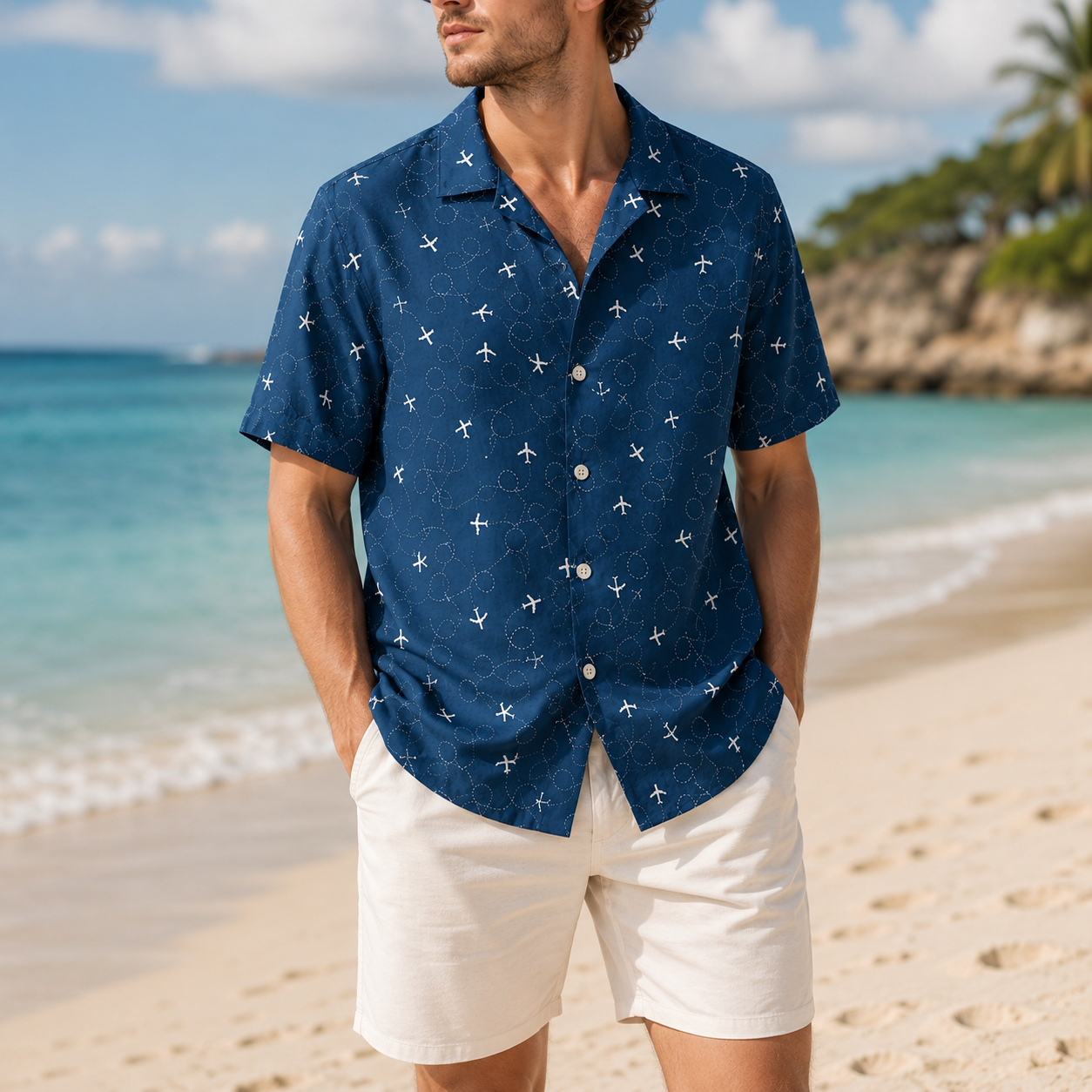 HW-M091-Minimalist Navy Airplane Travel Motif Button Down Holiday Vacation Flight Theme Unisex Hawaiian Shirt