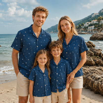 HW-M091-Minimalist Navy Airplane Travel Motif Button Down Holiday Vacation Flight Theme Unisex Hawaiian Shirt