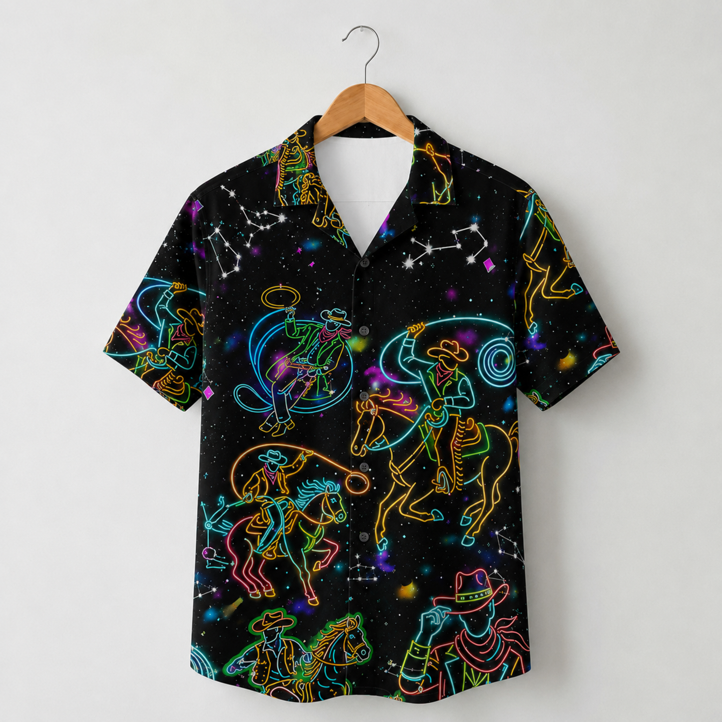 HW-M092-Neon Cowboy Horse Constellation Graphic Print Black Button Down Western Hawaiian Festival Camp Shirt