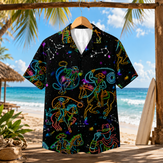 HW-M092-Neon Cowboy Horse Constellation Graphic Print Black Button Down Western Hawaiian Festival Camp Shirt