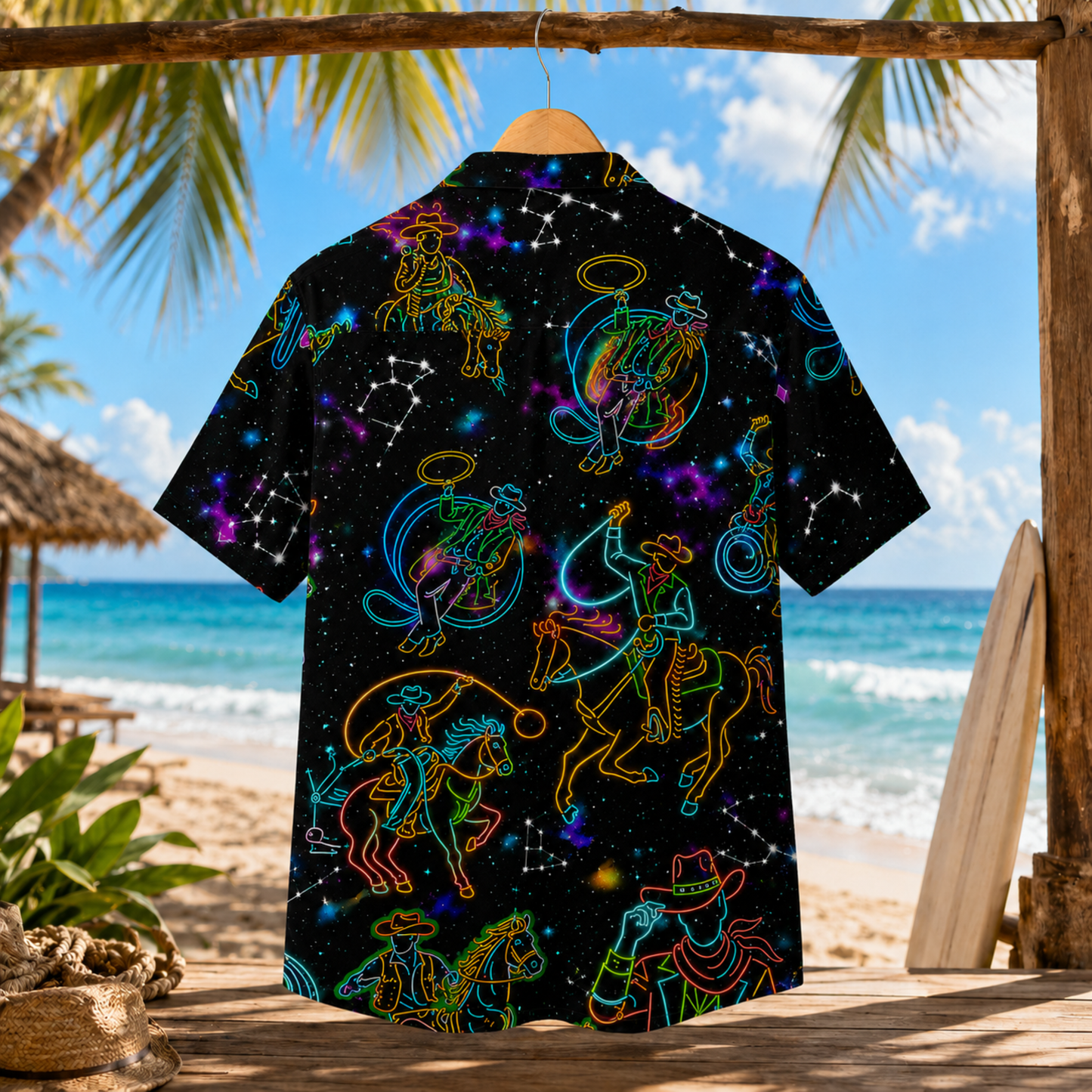 HW-M092-Neon Cowboy Horse Constellation Graphic Print Black Button Down Western Hawaiian Festival Camp Shirt