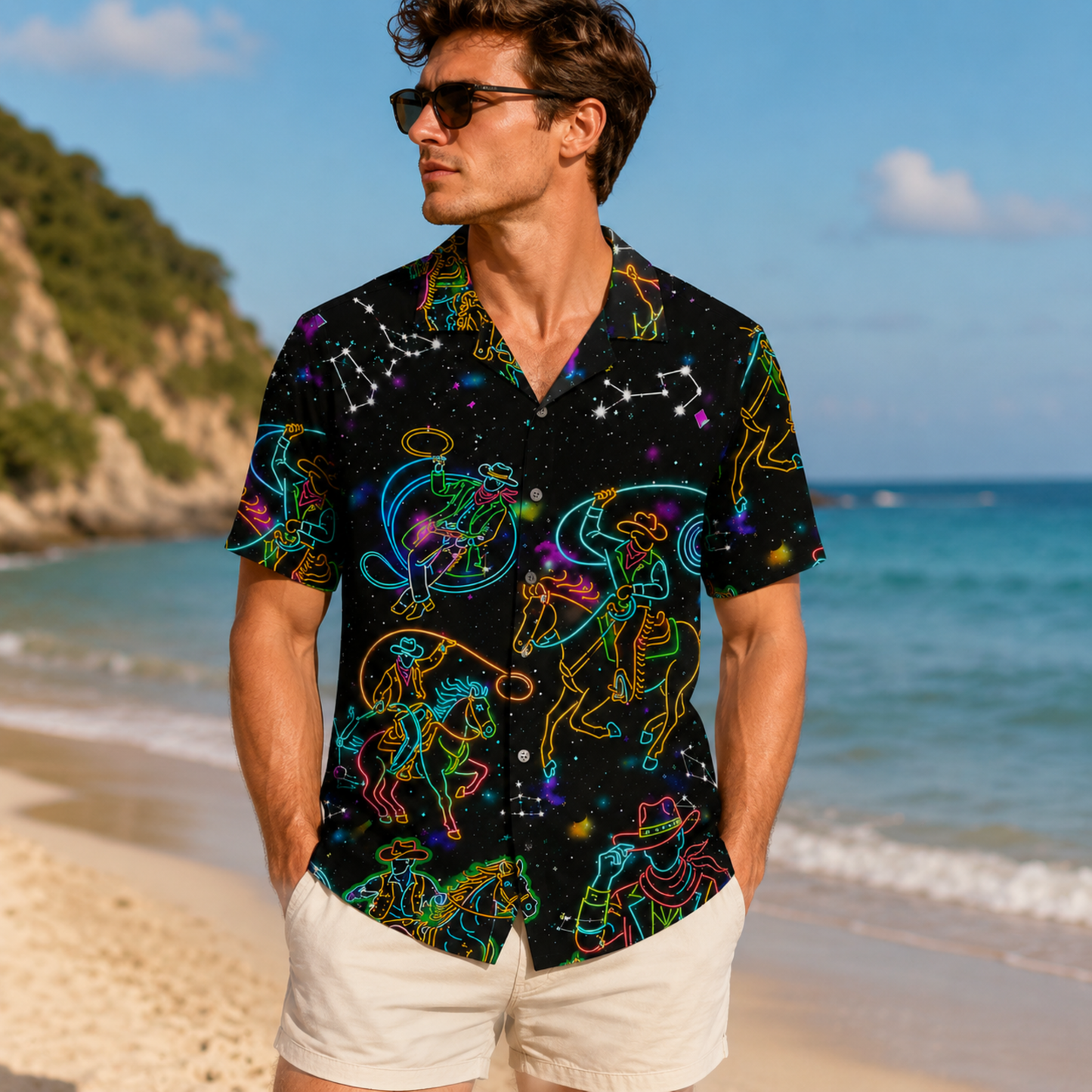 HW-M092-Neon Cowboy Horse Constellation Graphic Print Black Button Down Western Hawaiian Festival Camp Shirt