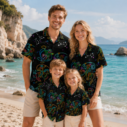 HW-M092-Neon Cowboy Horse Constellation Graphic Print Black Button Down Western Hawaiian Festival Camp Shirt