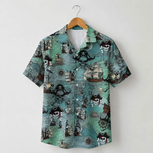 HW-M093-Retro Ocean Treasure Map Galleon Ship Pirate Skull Print Vacation Summer Hawaiian Camp Shirt