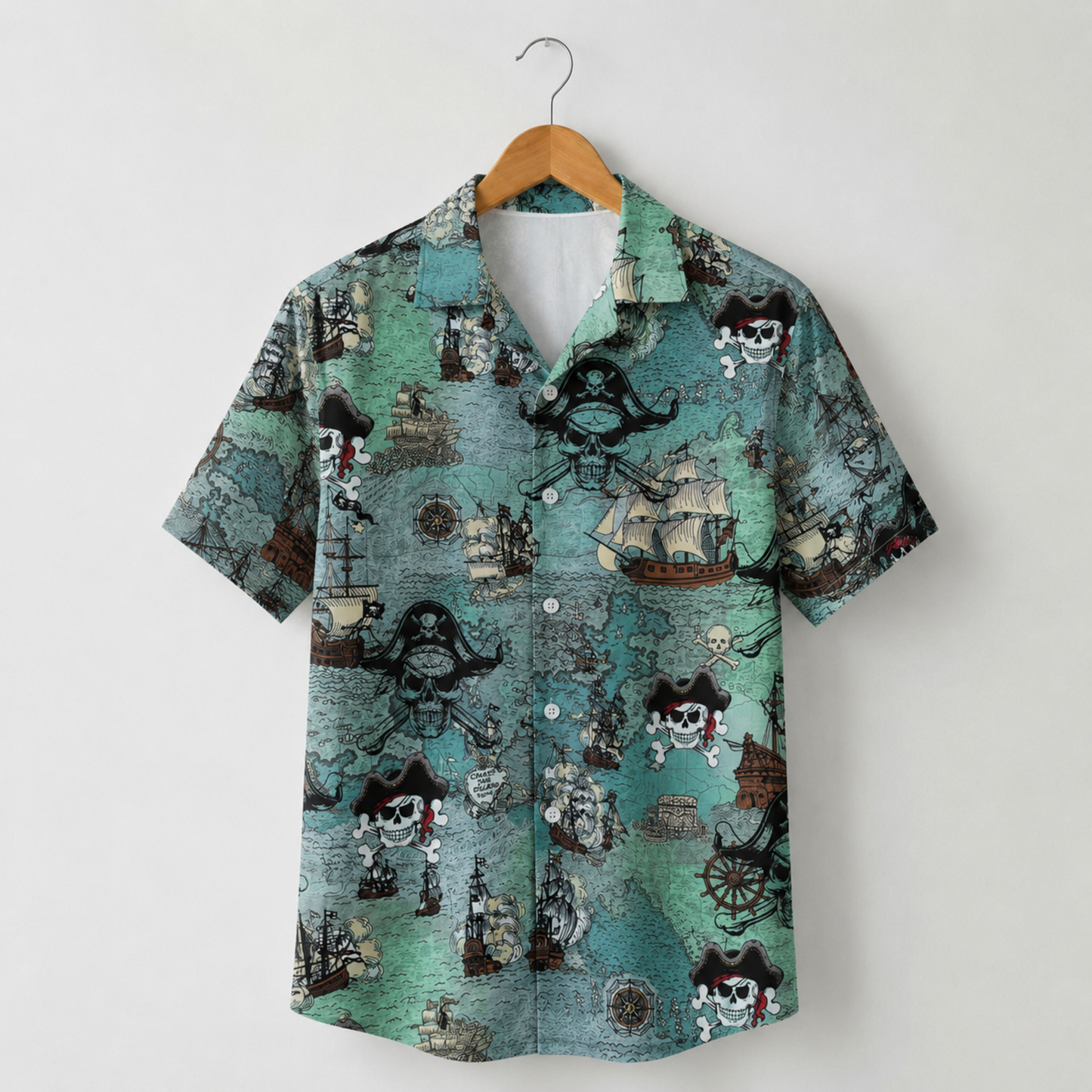 HW-M093-Retro Ocean Treasure Map Galleon Ship Pirate Skull Print Vacation Summer Hawaiian Camp Shirt