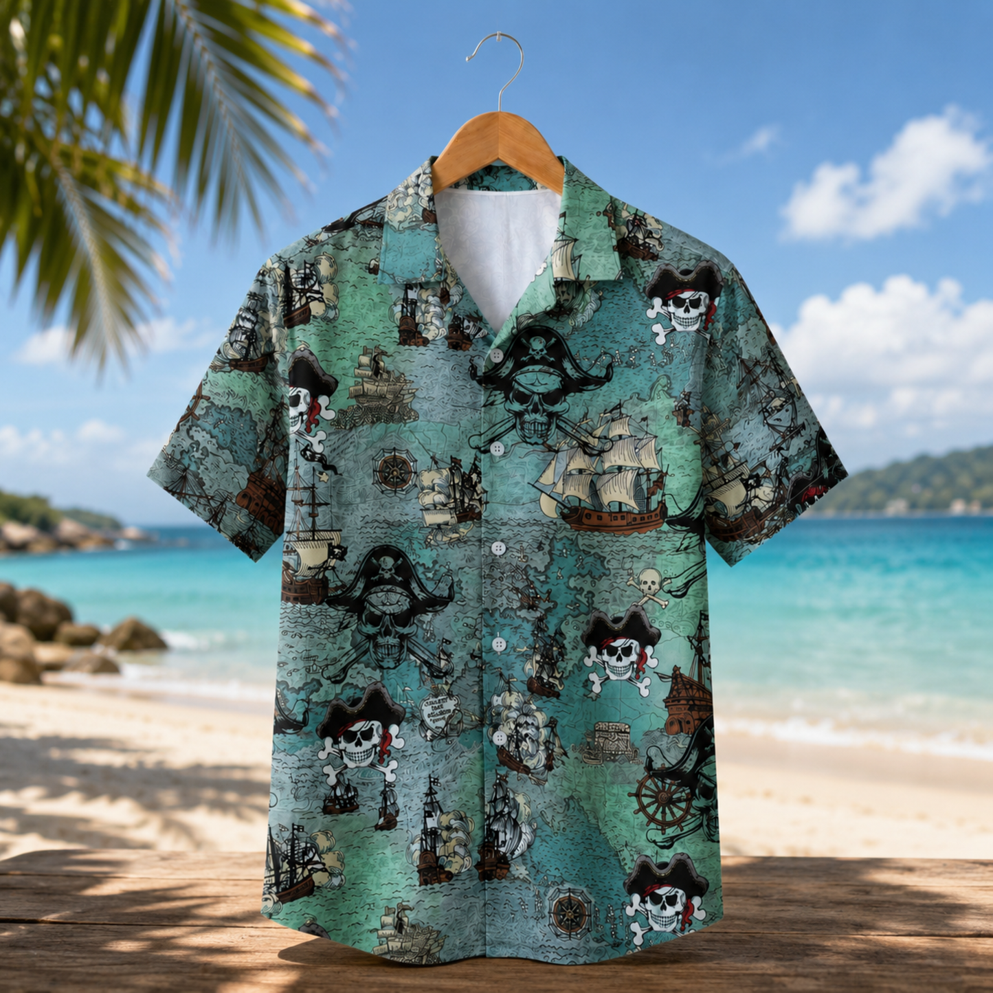 HW-M093-Retro Ocean Treasure Map Galleon Ship Pirate Skull Print Vacation Summer Hawaiian Camp Shirt