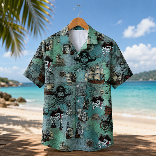 HW-M093-Retro Ocean Treasure Map Galleon Ship Pirate Skull Print Vacation Summer Hawaiian Camp Shirt