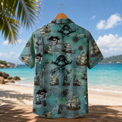 HW-M093-Retro Ocean Treasure Map Galleon Ship Pirate Skull Print Vacation Summer Hawaiian Camp Shirt