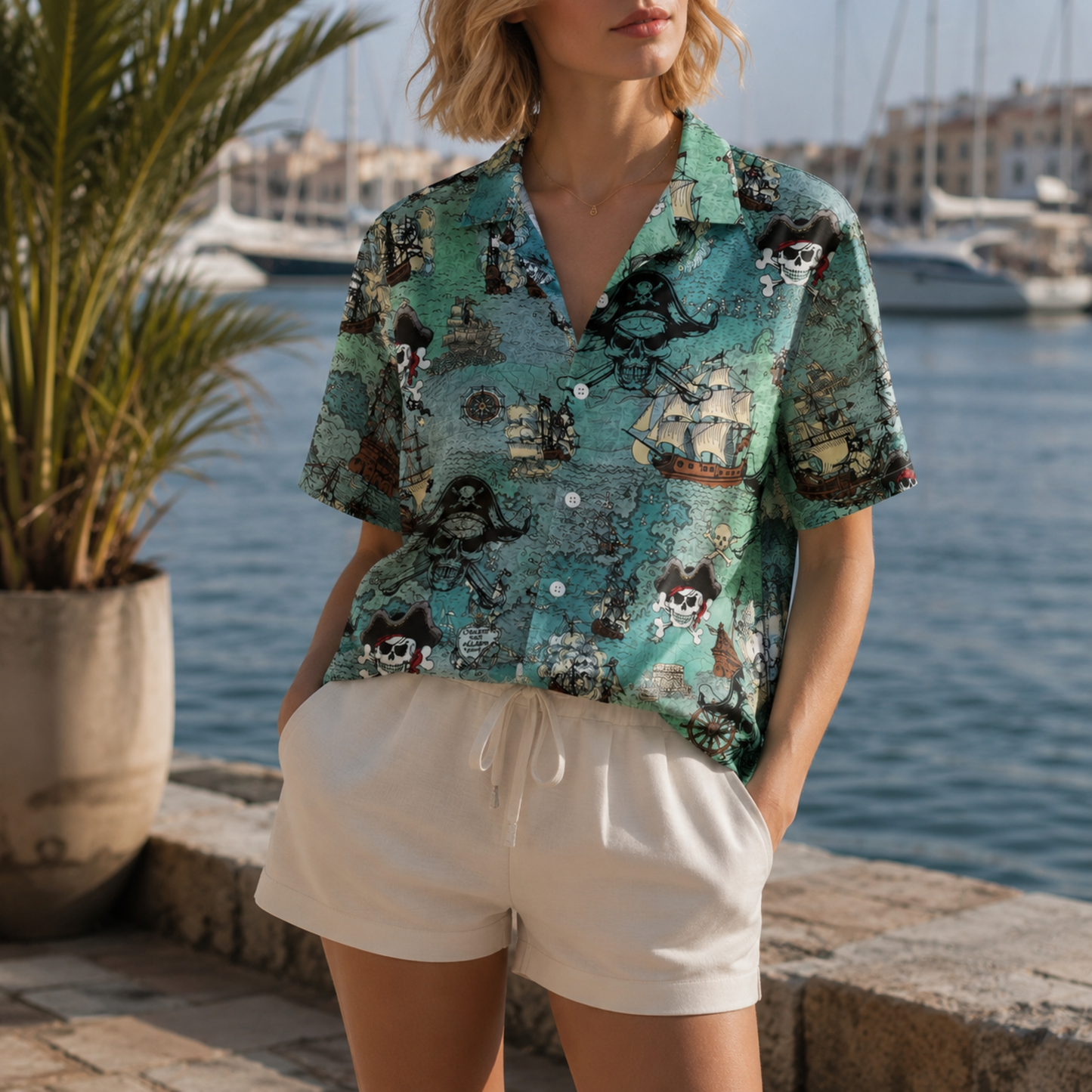 HW-M093-Retro Ocean Treasure Map Galleon Ship Pirate Skull Print Vacation Summer Hawaiian Camp Shirt